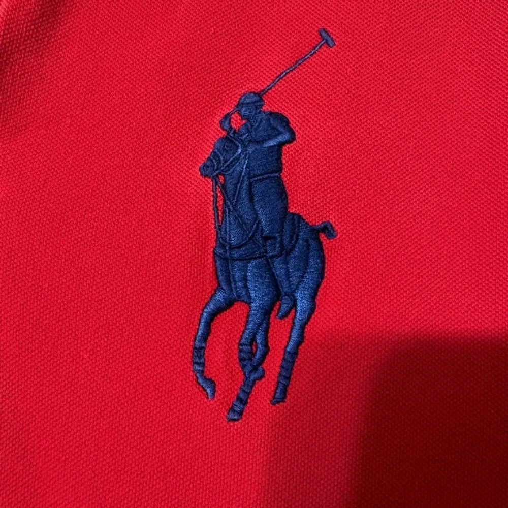 Vintage Polo Ralph Lauren Rugby Red Shirt with Navy Accents Big Pony #3 Sleeve